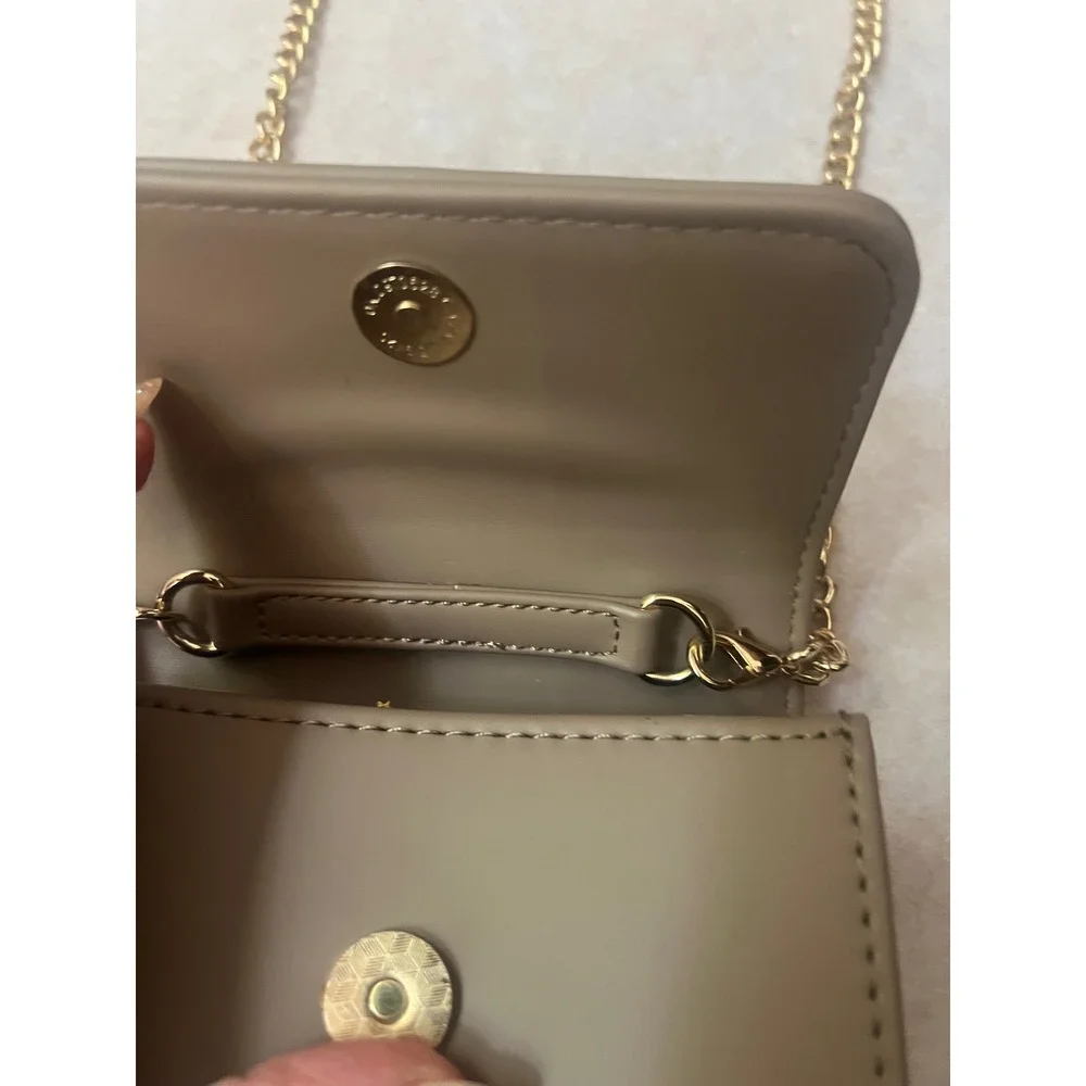 Girls Taupe Floral Applique Crossbody Bag Gold Chain Strap Mini Top Handle Purse